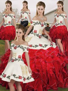 Lovely Embroidery and Ruffles Sweet 16 Dress White And Red Lace Up Sleeveless Floor Length