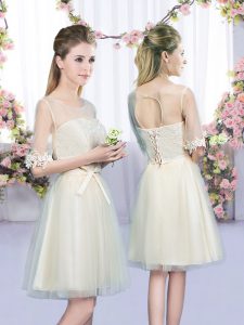 Champagne Empire Scoop Half Sleeves Tulle Mini Length Lace Up Lace and Bowknot Quinceanera Dama Dress