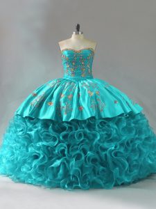 Great Sleeveless Brush Train Lace Up Embroidery and Ruffles Sweet 16 Dresses