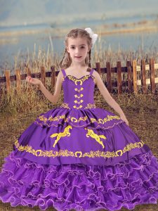 Floor Length Lavender Kids Formal Wear Organza Sleeveless Beading and Embroidery and Ruffled Layers