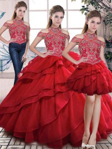 Red Sleeveless Beading and Ruffles Floor Length Sweet 16 Quinceanera Dress