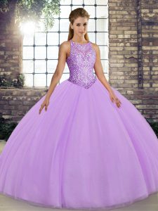 Ideal Lavender Tulle Lace Up Quinceanera Gowns Sleeveless Floor Length Embroidery