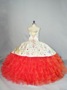 Cute Floor Length Lace Up 15th Birthday Dress Coral Red for Sweet 16 and Quinceanera with Embroidery and Ruffles
