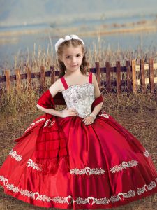 Satin Straps Sleeveless Lace Up Beading and Embroidery Little Girl Pageant Dress in Coral Red