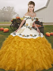 Beautiful Gold Ball Gowns Organza Off The Shoulder Sleeveless Embroidery and Ruffles Floor Length Lace Up Quinceanera Gowns