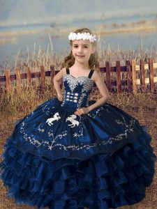 Navy Blue Ball Gowns Straps Sleeveless Organza Floor Length Lace Up Embroidery and Ruffled Layers Little Girl Pageant Gowns