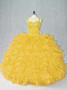 Colorful Gold Organza Lace Up Quinceanera Dress Sleeveless Floor Length Beading and Ruffles