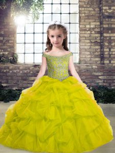 Green Tulle Lace Up Little Girl Pageant Dress Sleeveless Floor Length Beading