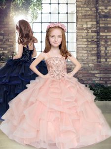 Romantic Straps Sleeveless Lace Up Child Pageant Dress Peach Tulle