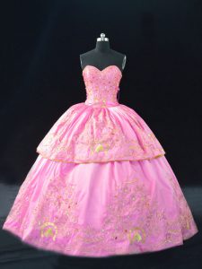 Fancy Sleeveless Satin Floor Length Lace Up Sweet 16 Quinceanera Dress in Rose Pink with Embroidery