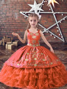 Cute Orange Red Satin and Organza Lace Up Little Girl Pageant Gowns Sleeveless Floor Length Embroidery and Ruffled Layers