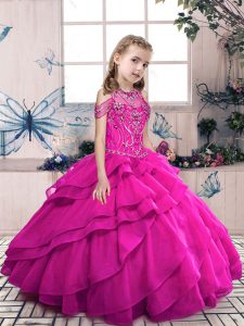 Organza Halter Top Sleeveless Lace Up Beading and Ruffles Pageant Gowns For Girls in Fuchsia