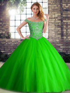 Adorable Lace Up Quinceanera Dress Green for Military Ball and Sweet 16 and Quinceanera with Beading Brush Train
