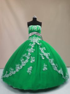 Perfect Green Lace Up Strapless Appliques Quinceanera Gowns Tulle Sleeveless