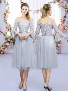 3 4 Length Sleeve Tulle Tea Length Lace Up Quinceanera Court Dresses in Grey with Lace and Belt