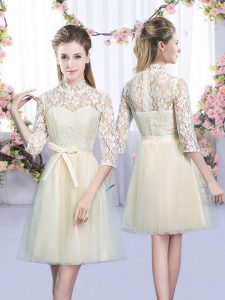 Low Price Half Sleeves Tulle Mini Length Lace Up Quinceanera Dama Dress in Champagne with Bowknot