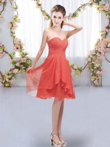 Gorgeous Coral Red Chiffon Lace Up Quinceanera Court Dresses Sleeveless Knee Length Ruffles and Ruching