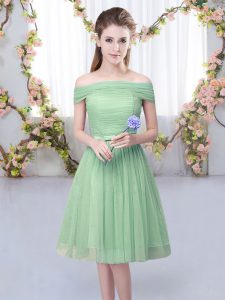 New Arrival Green Empire Off The Shoulder Short Sleeves Tulle Knee Length Lace Up Belt Court Dresses for Sweet 16