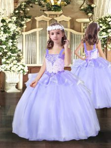 Straps Sleeveless Little Girls Pageant Dress Floor Length Beading Lavender Organza