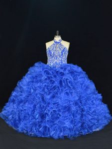 Fancy Royal Blue Halter Top Neckline Beading and Ruffles Sweet 16 Dress Sleeveless Lace Up