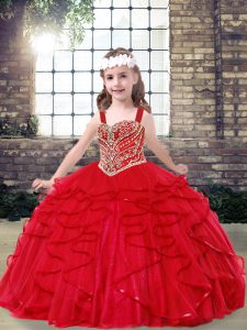 Red Ball Gowns Straps Sleeveless Tulle Floor Length Lace Up Beading and Ruffles Girls Pageant Dresses