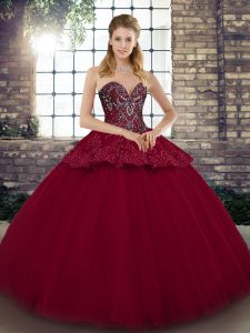 Latest Floor Length Burgundy Quinceanera Dresses Tulle Sleeveless Beading and Appliques