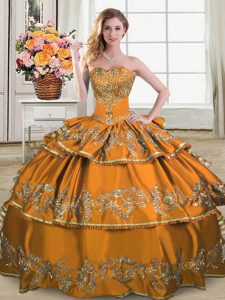 Custom Designed Brown Lace Up Ball Gown Prom Dress Embroidery and Ruffled Layers Sleeveless Floor Length