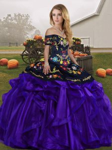 Dazzling Floor Length Black And Purple Ball Gown Prom Dress Organza Sleeveless Embroidery and Ruffles