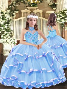 Ball Gowns Kids Pageant Dress Baby Blue High-neck Organza Sleeveless Floor Length Lace Up