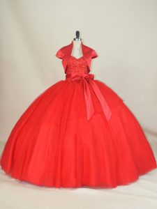 Graceful Red Lace Up Sweet 16 Dress Beading and Bowknot Sleeveless Floor Length