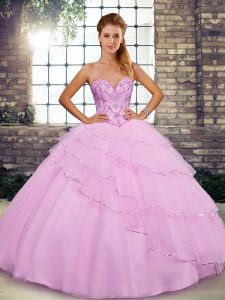 Low Price Sweetheart Sleeveless Tulle Quinceanera Gown Beading and Ruffled Layers Brush Train Lace Up