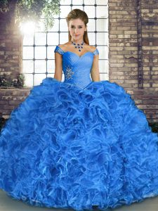 Most Popular Floor Length Blue Quinceanera Gown Off The Shoulder Sleeveless Lace Up
