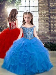 Off The Shoulder Sleeveless Tulle Kids Pageant Dress Beading and Ruffles Lace Up