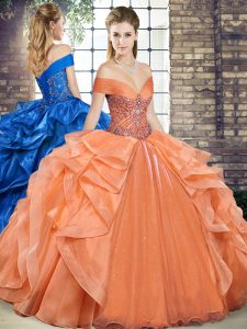 Super Orange Lace Up Vestidos de Quinceanera Beading and Ruffles Sleeveless Floor Length