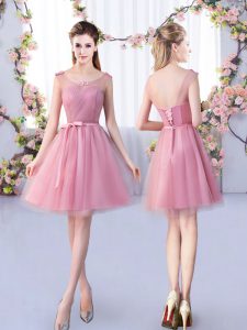 Wonderful Scoop Sleeveless Tulle Quinceanera Dama Dress Appliques and Belt Lace Up