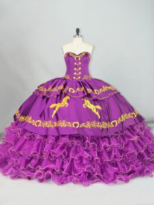 Sleeveless Embroidery and Ruffles Lace Up Quinceanera Dress with Purple Brush Train