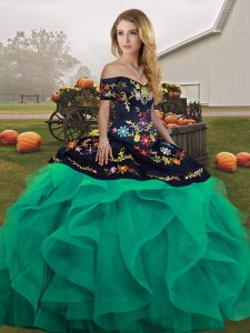 Fantastic Embroidery and Ruffles Sweet 16 Dress Turquoise Lace Up Sleeveless Floor Length