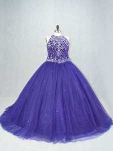 Edgy Purple Ball Gowns Scoop Sleeveless Tulle Brush Train Lace Up Beading Quinceanera Gown