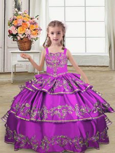 Traditional Embroidery and Ruffled Layers Pageant Dress Toddler Purple Lace Up Sleeveless Floor Length
