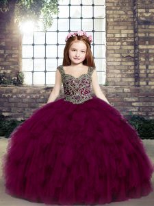 Fuchsia Ball Gowns Beading Kids Formal Wear Lace Up Tulle Sleeveless Floor Length