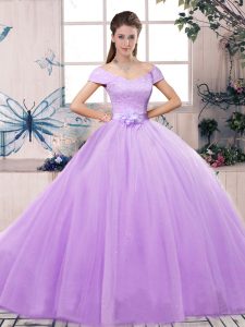 Fashion Off The Shoulder Short Sleeves Ball Gown Prom Dress Floor Length Lace and Hand Made Flower Lavender Tulle