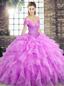 Excellent Lilac Sleeveless Brush Train Beading and Ruffles Sweet 16 Dresses