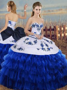 Charming Royal Blue Ball Gowns Organza Sweetheart Sleeveless Embroidery and Ruffled Layers and Bowknot Floor Length Lace Up Quinceanera Dresses