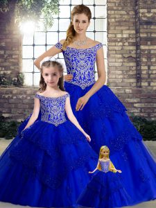 Royal Blue Tulle Lace Up Sweet 16 Dress Sleeveless Brush Train Beading and Lace