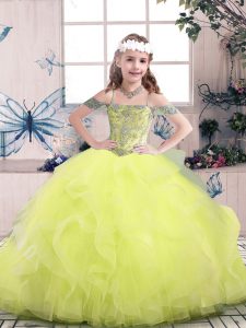 Elegant Yellow Green Sleeveless Floor Length Beading and Ruffles Lace Up Glitz Pageant Dress