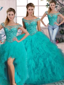 Fitting Aqua Blue Tulle Lace Up Quinceanera Gowns Sleeveless Brush Train Beading and Ruffles