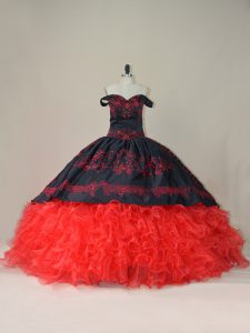 Flare Sleeveless Embroidery and Ruffles Lace Up Quinceanera Gowns with Red And Black Brush Train