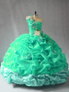 Best Turquoise One Shoulder Lace Up Pick Ups and Hand Made Flower Ball Gown Prom Dress Sleeveless