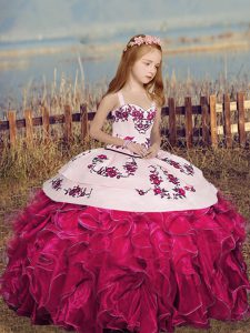 Best Selling Hot Pink Pageant Dresses Party and Sweet 16 and Wedding Party with Embroidery and Ruffles Straps Sleeveless Lace Up