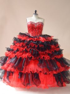 Beading and Ruffled Layers 15 Quinceanera Dress Red And Black Lace Up Sleeveless Floor Length